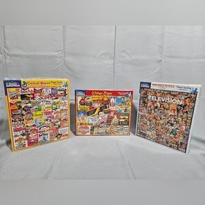 White Mountain Puzzles Lot Of 3 VTG SIGNS Cereal Boxes Television 1000 Piece NEW